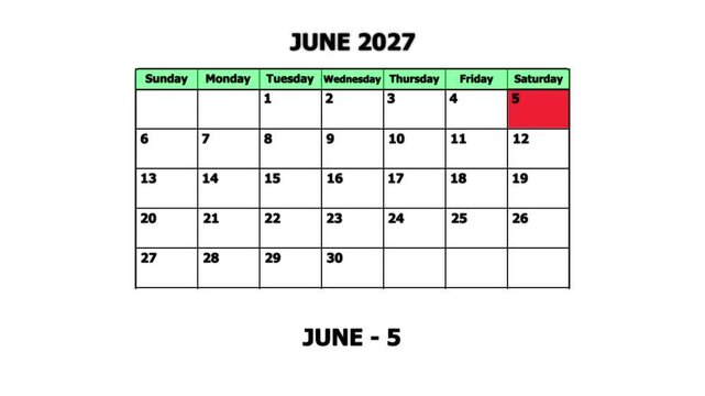 June 2027 monthly calendar page with highlighted date june 5th for planning and scheduling monthly planner