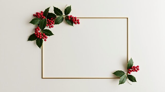 Elegant Golden Christmas Frame with Fir Branches and Red Holly Berries Holiday Border
