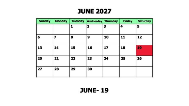 June 2027 calendar page with highlighted june 19th date for planning and scheduling schedule