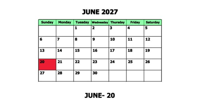 June 2027 calendar page with highlighted june 20th date for planning and scheduling schedule