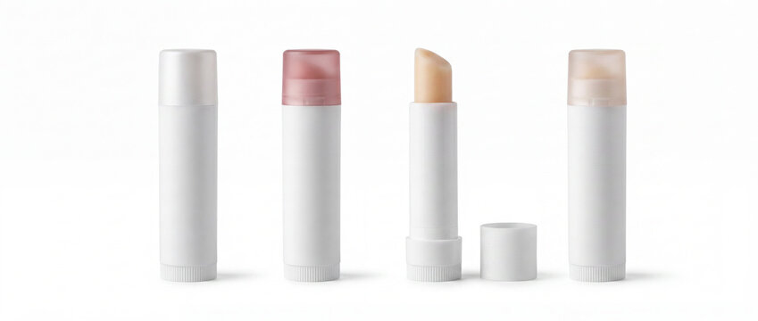 Lip balm tubes mockup on white background featuring blank plastic cosmetic containers with open and closed caps for skincare branding, beauty product packaging, and label design