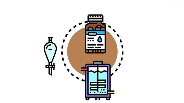 Biopharmaceutical purification process involves using a bioreactor, separation funnel, and other lab equipment for creating pure medical drugs and science chemistry products