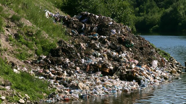 Large pile of garbage and plastic waste accumulated on the riverbank, showing severe water pollution, environmental contamination, littering, waste management problems and ecological damage