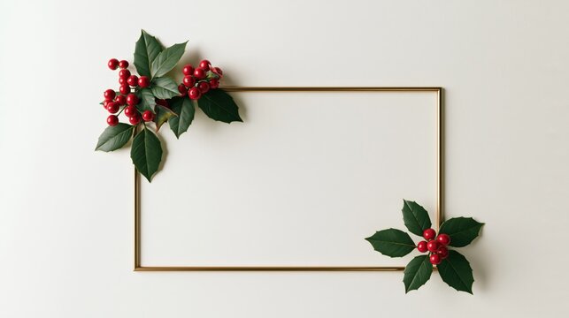 Elegant Golden Christmas Frame with Fir Branches and Red Holly Berries Holiday Border