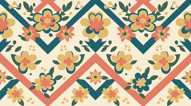 Seamless floral pattern with vintage pixel art style featuring yellow flowers and geometric zigzag chevron lines in teal and salmon orange colors for textile design and creative background