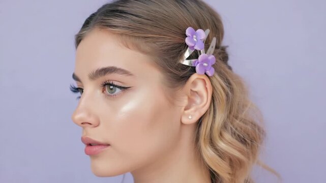 Stylish woman with a fresh take on hair accessories, featuring a delicate flower.