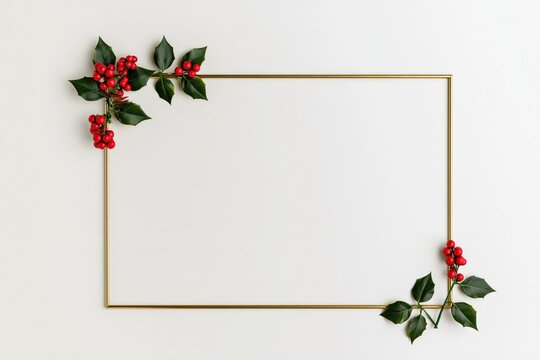 Elegant Golden Christmas Frame with Fir Branches and Red Holly Berries Holiday Border
