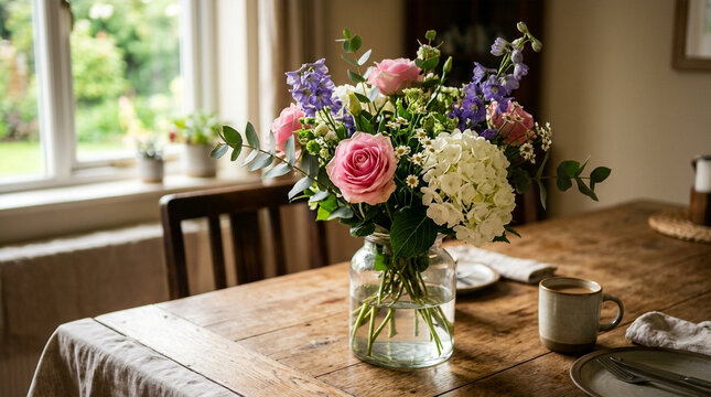 Fresh Flowers Bouquet Vase on Wooden Table, Cozy Home Setting, Natural Light