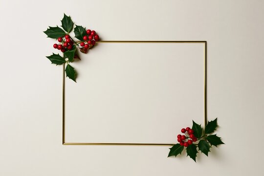 Elegant Golden Christmas Frame with Fir Branches and Red Holly Berries Holiday Border
