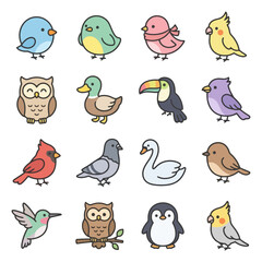 Fototapeta premium Colorful cartoon birds collection featuring owls, ducks, and more.