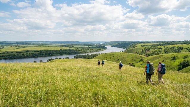Vast green grassland meeting a calm river under a bright blue sky, perfect for nature documentaries, travel promotion, or serene background visuals, expansive open space