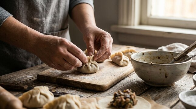 Close up of hands kneading dough on a wooden surface, rustic baking preparation, artisanal food making process, wholesome homemade treats, perfect for culinary blogs
