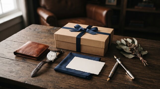 Elegant Father&rsquo;s Day gift arrangement with leather wallet, classic watch and fountain pen in a refined box, perfect for celebrating and appreciating dad.