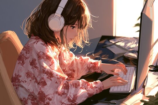 Digital Anime Illustration of Girl with Headphones at Creative Desk