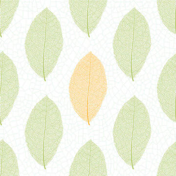Seamless pattern from autumn orange and green summer leaves with thread on white background