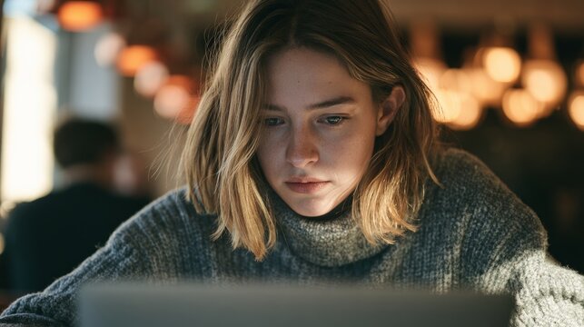 Young Woman Concentrating on Laptop in Warm Evening Workspace