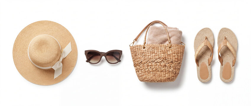 Beach accessories set on white background featuring a straw sun hat, sunglasses, woven tote bag with towel, and flip-flops arranged in a row for summer vacation travel and resort concepts