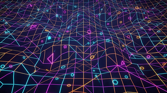Abstract digital background with glowing neon lines and colorful particles floating in dark space for technology and futuristic science themes and creative web design and modern display art