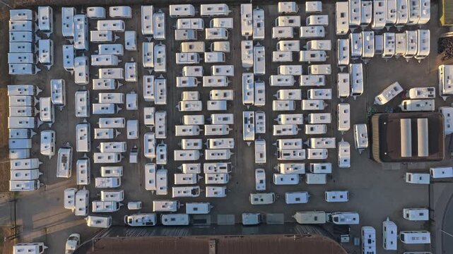 Aerial top down view of caravan storage parking lot