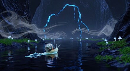 Obraz premium Snail on glowing mushrooms in dark fantasy forest.