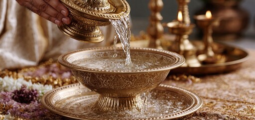 Fototapeta premium Crystal water pours from an ornate brass vessel into a decorative bowl during a traditional Hindu ceremony.
