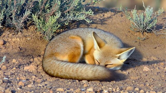 Fennec Fox Sleeping Curled Up in Desert Burrow With Soft Bush Background