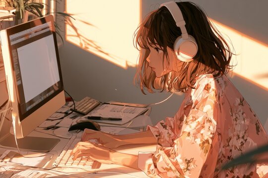 Warm Digital Anime Illustration of Female Creator at Computer Desk