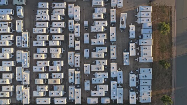 Aerial top down view of caravan storage facility