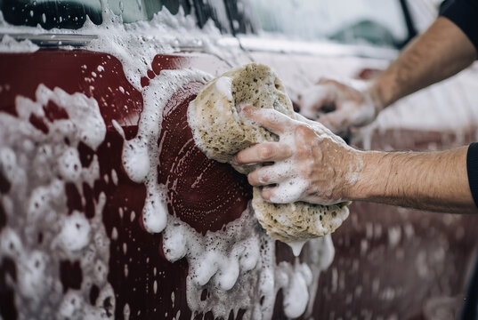 A person washing a red car with soap and a sponge