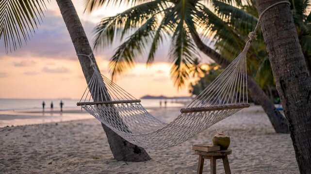 Empty hammock on tropical beach at sunset with palm trees and calm ocean shoreline