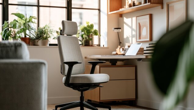 Sunlit Home Office with Gray Ergonomic Chair and Wooden Desk