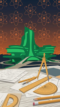 Geometric design with drafting tools on papers, abstract building, atom pattern background symbolizing science, innovation, and planning