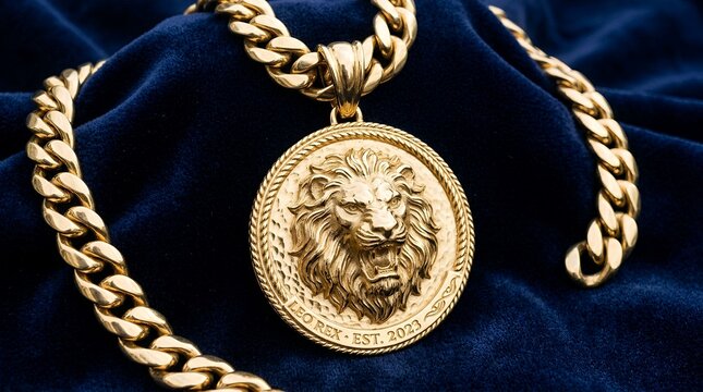 Golden lion head pendant on a thick chain.