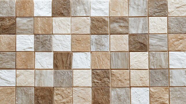 Decorative square ceramic tiles with textured stone surface patterns featuring earth tones for modern interior wall design and home decor