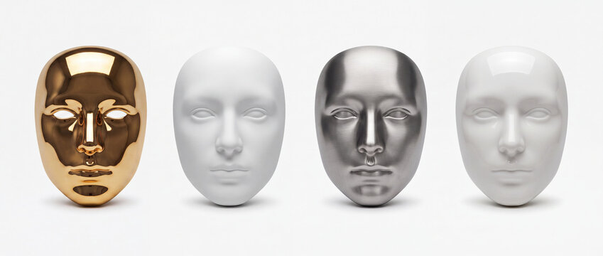 Face masks in metallic and ceramic materials arranged in a row over a white background, featuring polished gold, brushed silver, matte, and glossy finishes for identity concepts