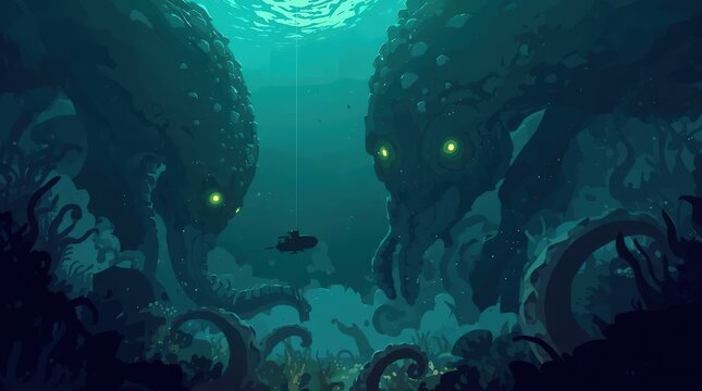 Gigantic Sea Creatures Encountered: A small submersible navigates treacherous deep-sea waters, coming face-to-face with two colossal, bioluminescent cephalopods in a dark, mysterious underwater world.