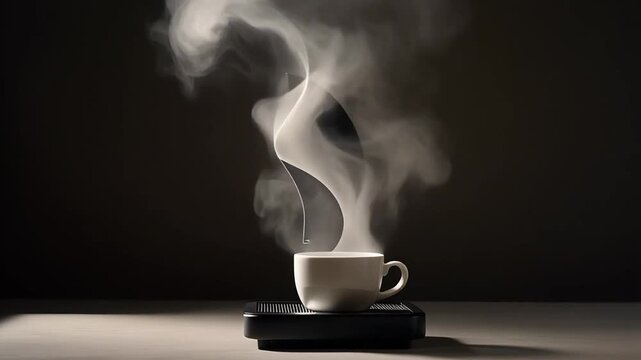 Steaming Hot Coffee Cup with Wisps of Steam on Dark Background, Morning Warmth