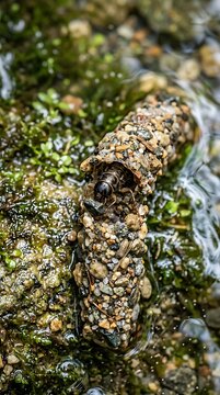 Caddisfly larva emerges from its protective pebble case in a stream