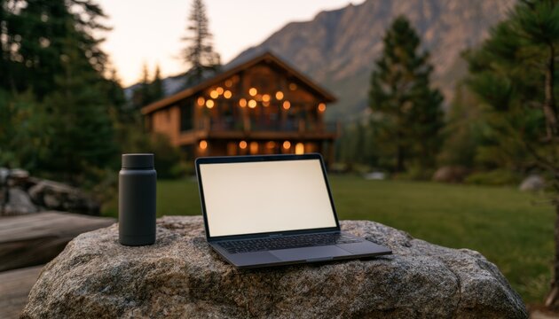 Blank Laptop near Mountain Cabin for Digital Nomad Work