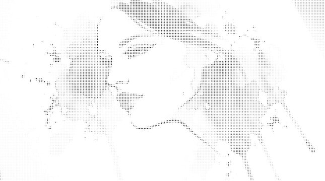 Elegant female portrait vector in minimalist halftone dot art style.