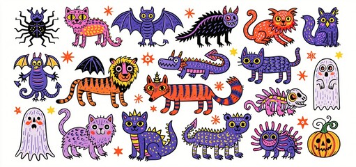 Naklejka premium A vibrant collection of Halloween-inspired mythical creatures and spooky animals arranged in a playful, decorative style.