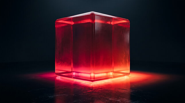 Glowing Red Glass Cube in Dark Studio - Futuristic Abstract Energy Block 3D Render