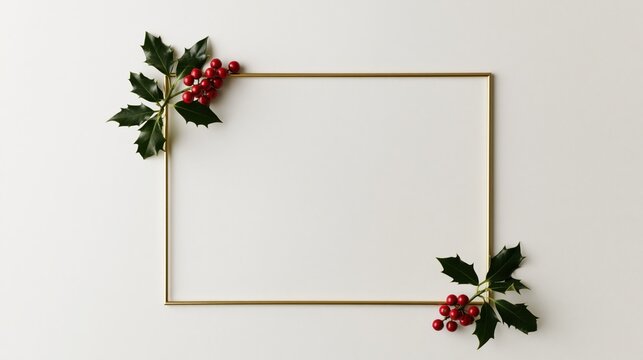 Elegant Golden Christmas Frame with Fir Branches and Red Holly Berries Holiday Border