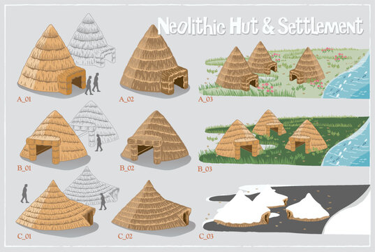 Korean Prehistoric Neolithic Hut and Settlement Vector Illustration Set