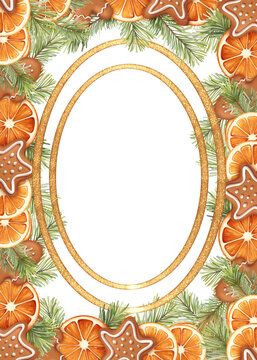 Hand-drawn Christmas golden oval frame gingerbread dried orange illustration