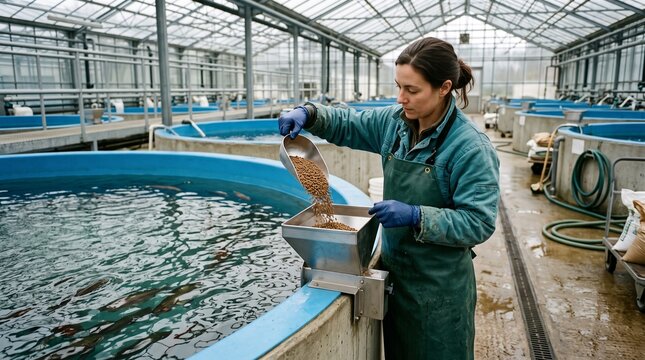 Feed technician prepares ration at an indoor fish farm