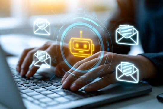 Hands Typing on Laptop with AI Email Automation Interface