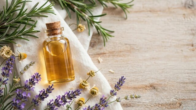 Rustic Arrangement of Herbs and Essential Oil Bottle on Wood