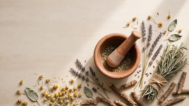 Rustic Flat Lay of Dried Herbs, Spices, and Botanicals