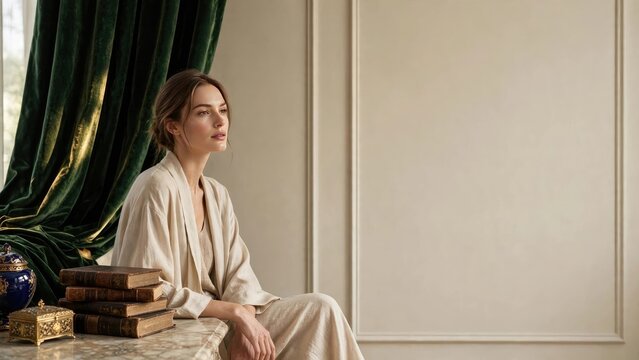 Thoughtful Woman with Books in Bright Indoor Setting